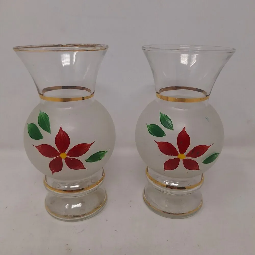 Vintage Bartlett Collins Poinsettia Frosted Bud Vases Set Of 2 Hand Painted